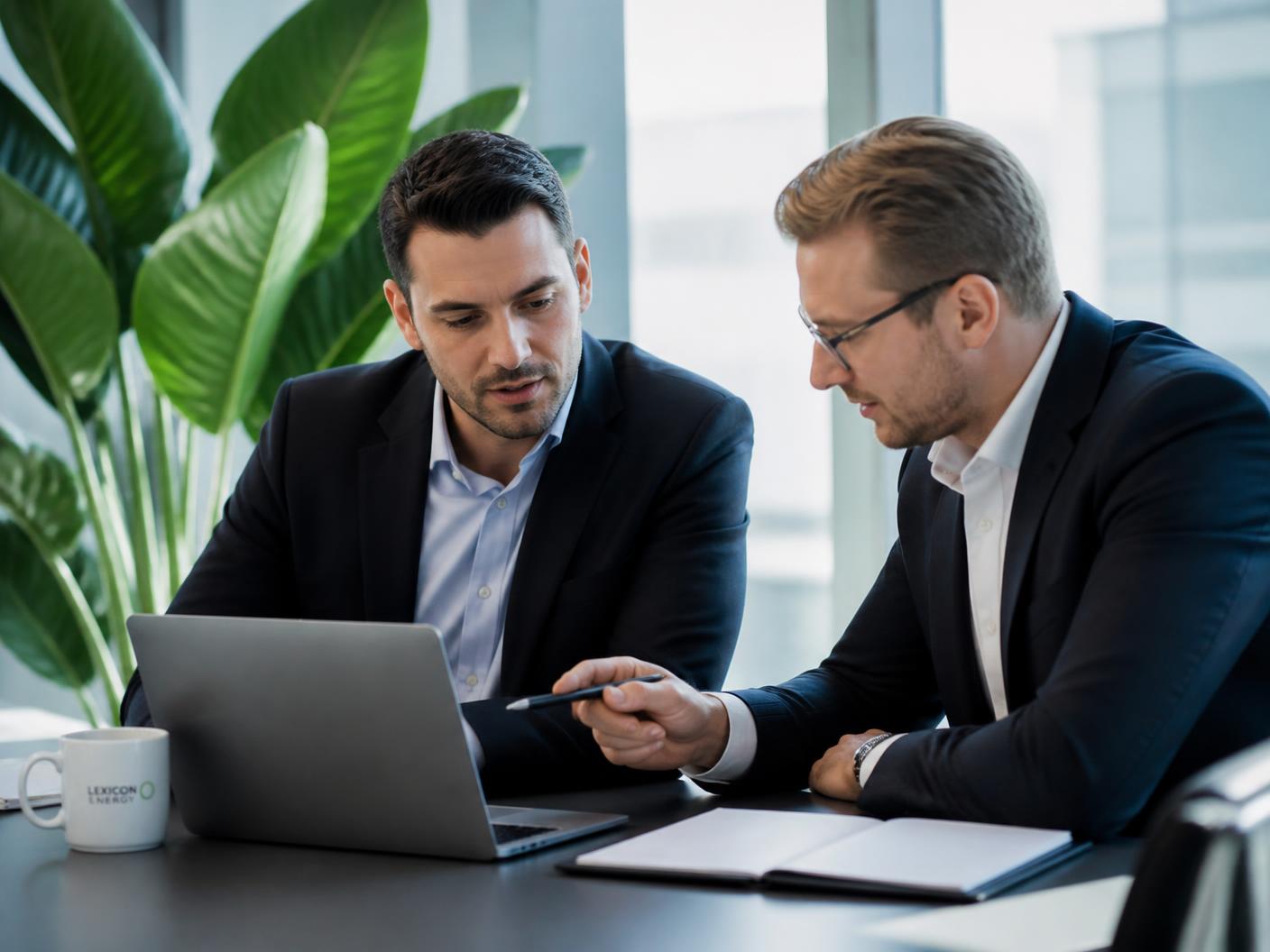 Two energy specialists reviewing a business electricity contract on a laptop